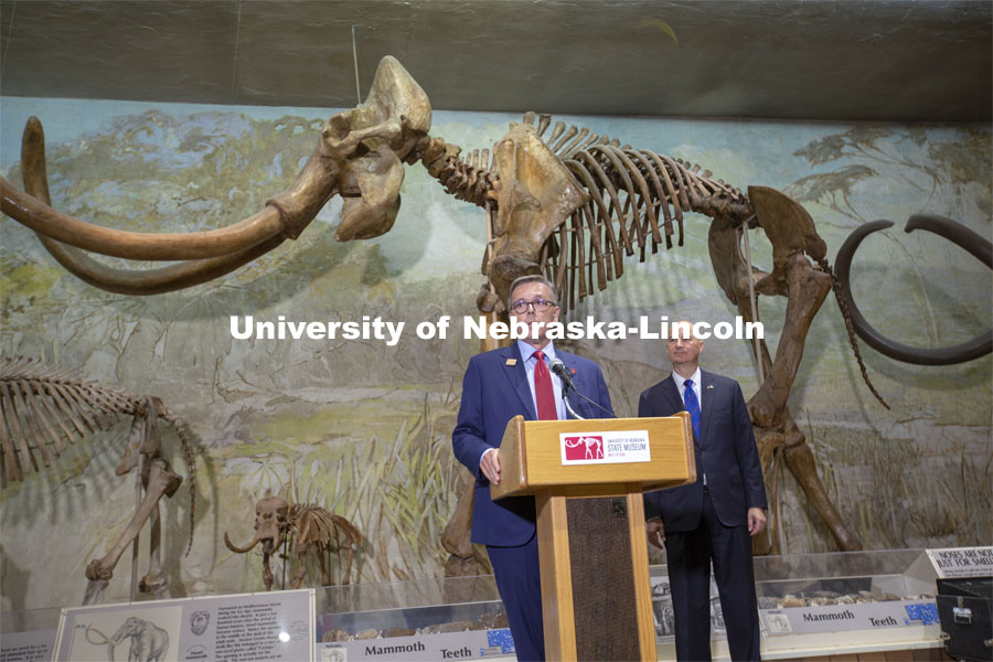 Chancellor Ronnie Green speaks at the State Museum Day ceremony. Celebrating the University of Nebraska State Museum’s 150th anniversary, Governor Pete Ricketts signed a proclamation declaring “State Museum Day” on June 14. The proclamation — signed during a ceremony at the Nebraska University State Museum — honors the state museum system and acknowledges the important cultural contributions made by all museums across Nebraska. It was signed by Ricketts in observance of the anniversary of the day the University’s Board of Regents signed the charter to establish the museum. June 14, 2021. Photo by Troy Fedderson | University Communication.