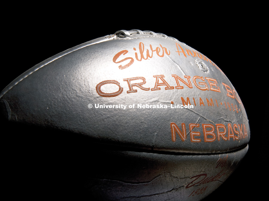 Teams including Nebraska who had played in the Orange Bowl were sent a commemorative football in 1959 for the bowl's silver anniversary.  Nebraska played Duke in the 1955 Orange Bowl. Memorabilia for old calendar project. Photo by Craig Chandler/University Communications/University of Nebraska–Lincoln