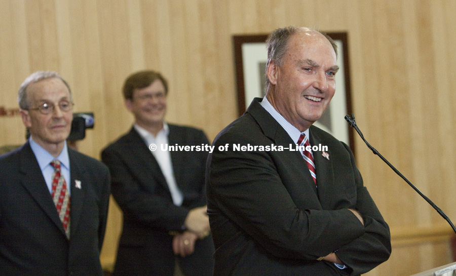 Big Ten Commissioner James E. Delany was all smiles when talking about the Huskers joining the Big Ten.  UNL Chancellor Harvey Perlman and Dean of Admissions Alan Cerveny listen in the background. The University of Nebraska–Lincoln joined the Big Ten Conference today. Photo by Craig Chandler / University Communications