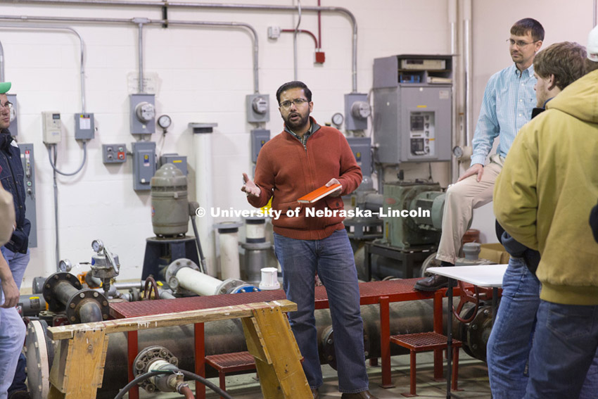 Deepak Keshwani describes the various pumps in the water lab as part of MSYM 162 - Introduction to Mechanized Systems Management. November 12, 2014, Photo by Craig Chandler / University Communications