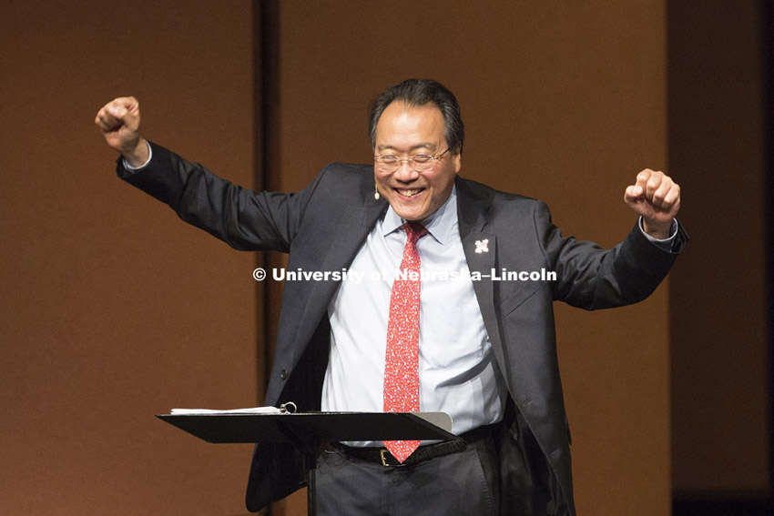 Yo-Yo Ma, world-renowned cellist, performed for the E. N. Thompson Forum Lecture series crowd Friday night at the Lied Center. Ma discussed the role of culture and the arts and sciences in our society.  His lecture is part of this year's series honoring "The Creative World." December 5, 2014. Photo by Craig Chandler / University Communications 