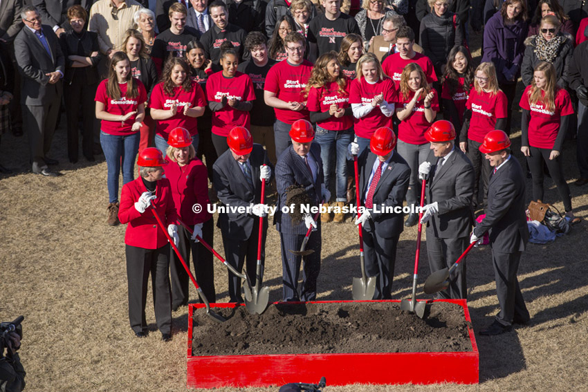 University of Nebraska-Lincoln College of Business Administration's groundbreaking for a new building was Wednesday afternoon on the city campus site. The crowd gathered as dignitaries threw the first shovel of dirt. March 5, 2015. Photo by Greg Nathan / University Communications