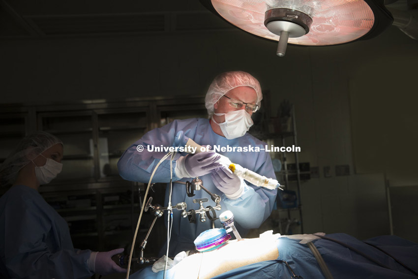 Dmitry Oleynikov, a professor and surgeon at the University of Nebraska Medical Center, operates a surgical robot as in the background Shane Farritor, an engineering professor at the University of Nebraska-Lincoln, adjusts the camera on the surgical subject. The two developed the robot for minimally invasive surgeries. June 16, 2015.  Photo by Craig Chandler / University Communications