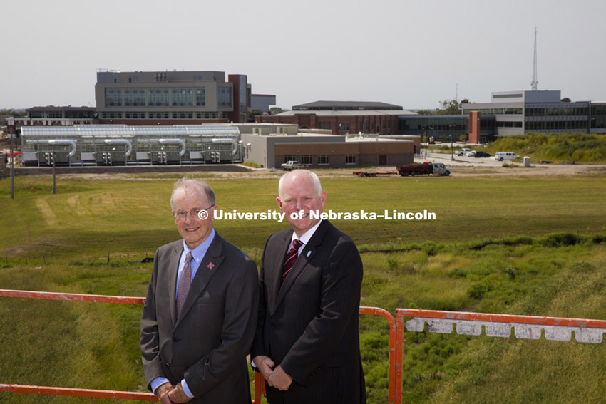 UNL Chancellor Harvey Perlman and NIC Executive Director Dan Duncan pose above the NIC campus. August 26, 2015. Photo by Craig Chandler / University Communications.