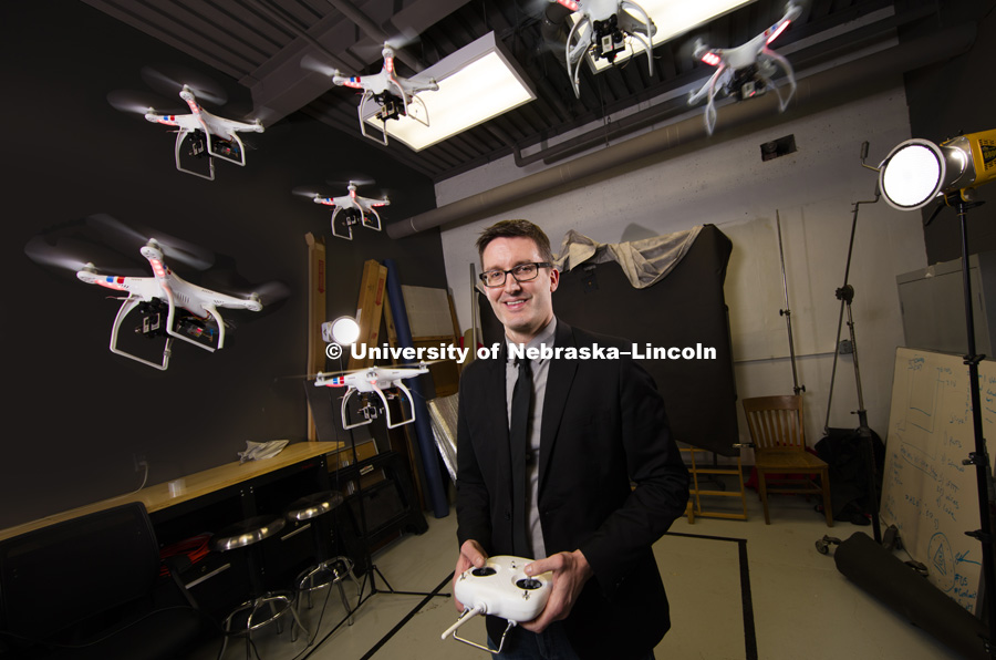 Matt Waite, a professor of practice in journalism and mass communications, has earned the IDEA honor from the University of Nebraska. Waite is founder of UNL's Drone Journalism Lab. March 16, 2016, photo by Craig Chandler, University Communications.