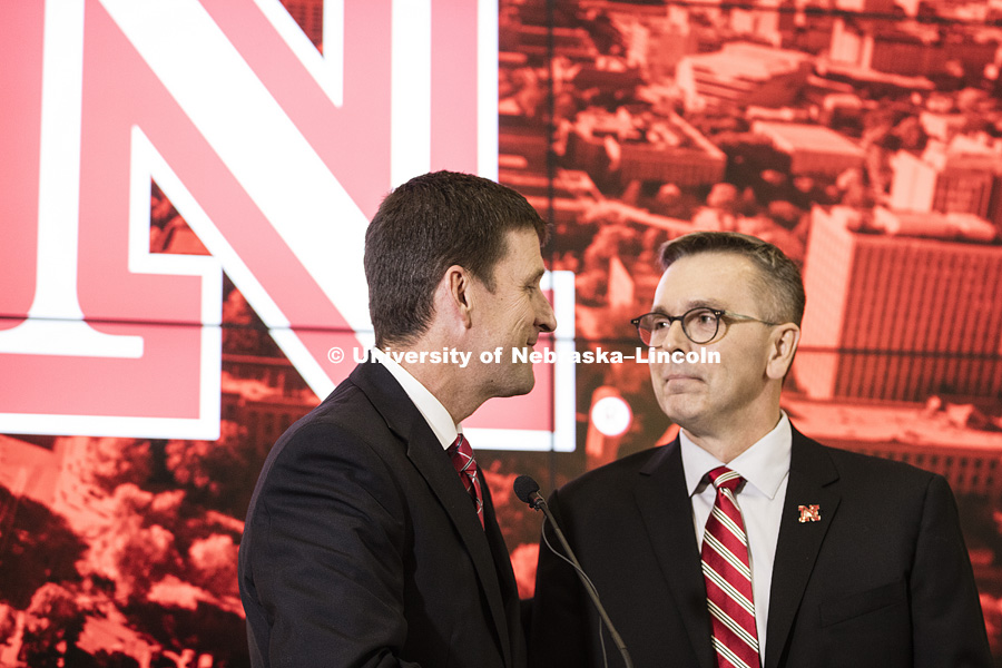NU President Hank Bounds announces Ronnie Green as the new UNL Chancellor Wednesday afternoon. April 6, 2016. Photo by Craig Chandler / University Communications