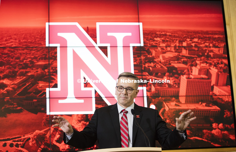 New UNL Chancellor Ronnie Green talks to the crowd after being introduced as the new Chancellor Wednesday afternoon. April 6, 2016. Photo by Craig Chandler / University Communications