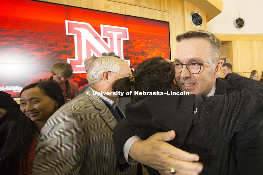 Ronnie Green greets well wishers after being named the new UNL Chancellor Wednesday afternoon. April 6, 2016. Photo by Craig Chandler / University Communications