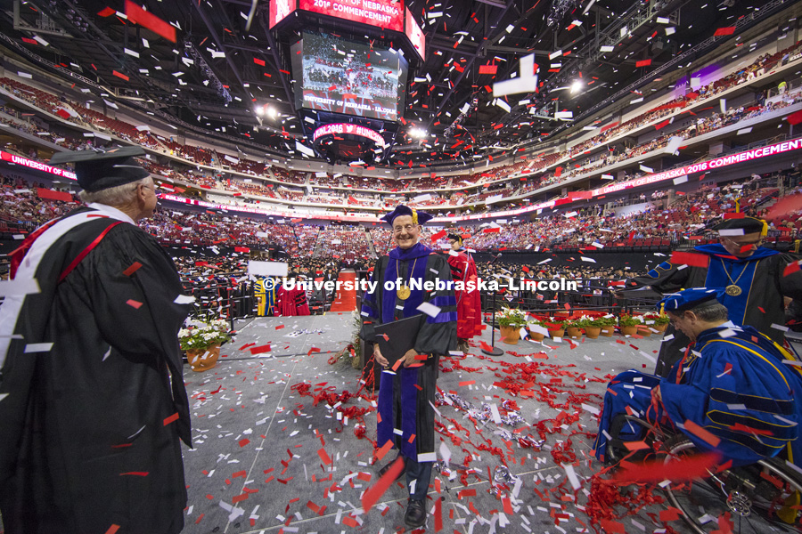 Chancellor Harvey Perlman stands in a confetti shower at the end of commencement.  The confetti was a special feature to celebrate Perlman's final day as Chancellor. Undergraduate Commencement Saturday morning was also Harvey Perlman's final day as Chancellor. More than 2,800 degrees were awarded during commencement exercises May 6 and 7 at the University of Nebraska-Lincoln. May 6, 2016. Photo by Craig Chandler / University Communications.