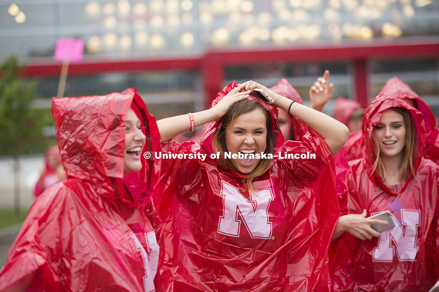 5,000 ponchos were ready for the students to wear back to their residence halls when thunderstorms moved into the area during the New Student Convocation in Devaney Center. August 19, 2016. Photo by Craig Chandler / University Communication Photography.