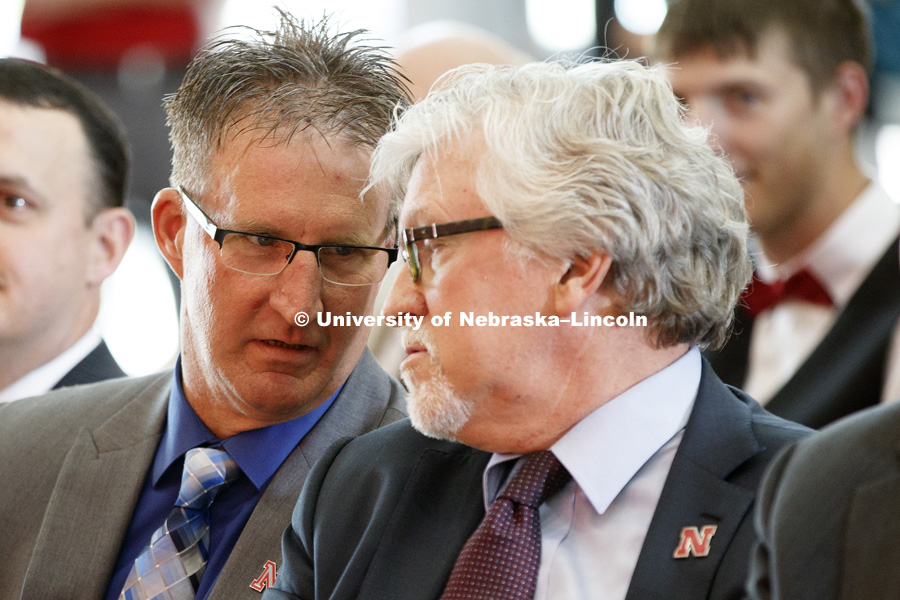 Andy Benson talks with Jeff Raikes during the announcement. Nebraska Food for Health Center The Nebraska Food for Health Center, a more than $40 million initiative to improve the lives of people around the world, was launched today at the University of Nebraska with a $3 million from the Raikes Foundation.The multidisciplinary center will bring together strengths in agriculture and medicine from throughout the university system. It will help develop hybrid crops and foods to improve the quality of life of those affected by critical diseases including heart disease, diabetes, obesity, cancers, inflammatory bowel disease and mental disorders.September 16, 2016.  Photo by Craig Chandler / University Communications
