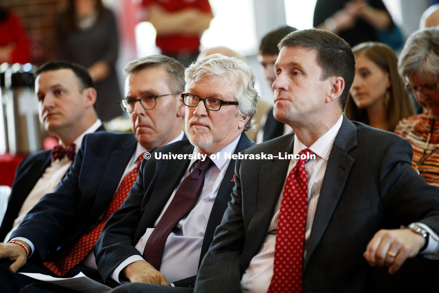 Foundation CEO Brian Hastings, UNL Chancellor Ronnie Green, Jeff Raikes and NU President Hank Bounds listen to Andy Benson speak at the announcement for The Nebraska Food for Health Center The Nebraska Food for Health Center, a more than $40 million initiative to improve the lives of people around the world, was launched today at the University of Nebraska with a $3 million from the Raikes Foundation.The multidisciplinary center will bring together strengths in agriculture and medicine from throughout the university system. It will help develop hybrid crops and foods to improve the quality of life of those affected by critical diseases including heart disease, diabetes, obesity, cancers, inflammatory bowel disease and mental disorders. September 16, 2016.  Photo by Craig Chandler / University Communication.