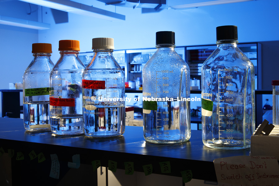 Glass storage bottles in a Manter Hall lab. October 18, 2016. Photo by Craig Chandler / University Communication.