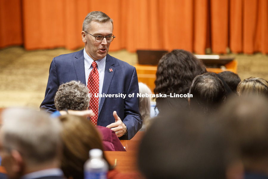 Chancellor Ronnie Green leads the inaugural University of Nebraska-Lincoln leadership town hall Monday morning in the Nebraska Innovation Hall auditorium. October 31, 2016. Photo by Craig Chandler / University Communication Photography.