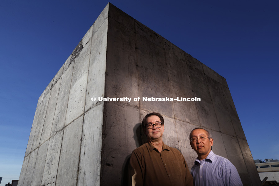 Professors Chris Tuan and Lim Nguyen have developed a conductive concrete that shields against electromagnetic waves, meaning can protect critical electronics, power grid controls, etc. So instead of being used for a road or bridge, as earlier stories explained, this application involves building structures using their patented concrete mix.The technology is being licensed to a Florida company. November 3, 2016. Photo by Craig Chandler / University Communication.