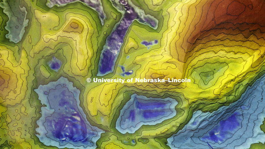 Earth and Atmospheric Sciences has created a high tech sandbox where a computer adds colors and topographic lines to simulate land forms to easier teach students about topography and water flows. November 16, 2016. Photo by Craig Chandler / University Communication Photography.