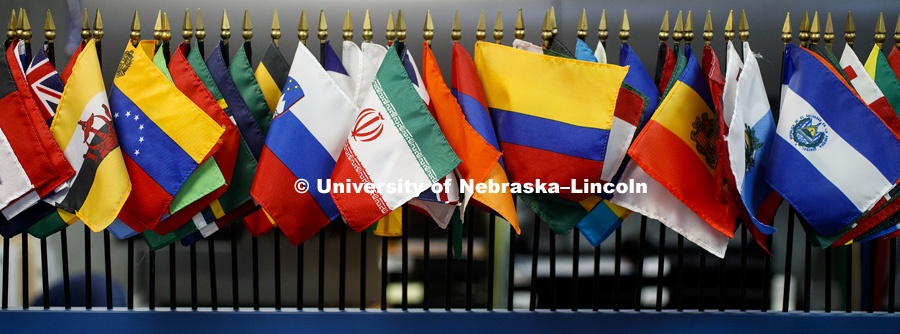 Flags of many countries adorn the office of Graduate Studies. Flags include Venezuela, Iran, Columbia and El Salvador. January 6, 2017. Photo by Craig Chandler / University Communication.