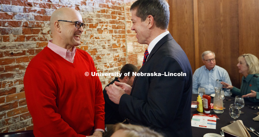 Chancellor Ronnie Green, Executive Vice Chancellor Donde Plowman and Mike Boehm, Harlan Vice Chancellor of the Institute of Agriculture and Natural Resources at Nebraska, meet with stakeholders in Fremont, NE during the lunch hour Monday. The three are on