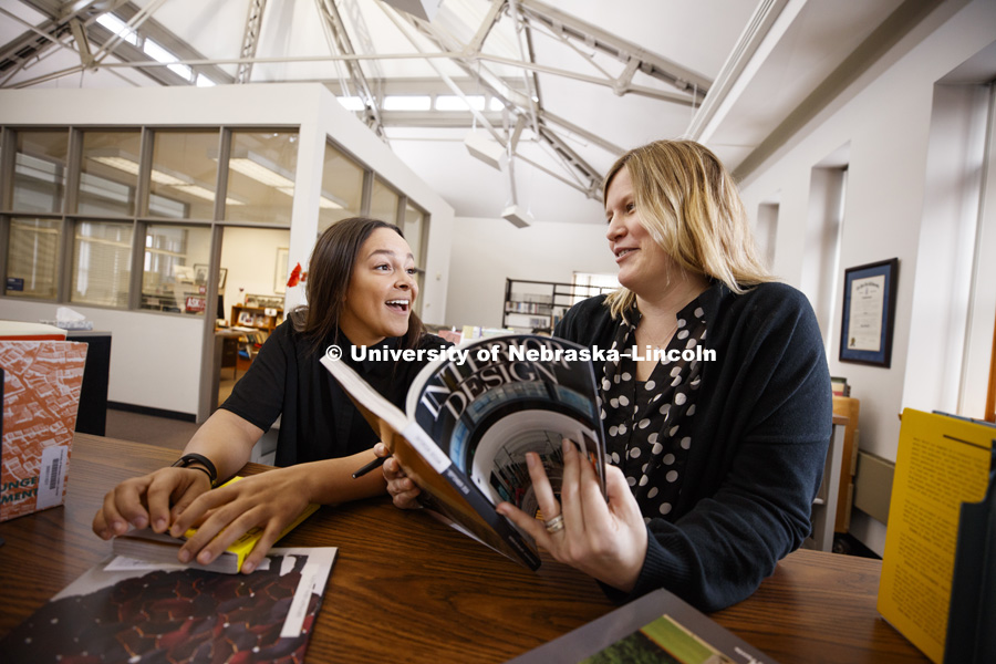 Photo shoot for Master of Science in Architecture with a Specialization in Interior Design. Faculty Lindsey Ellsworth-Bahe talks to Sierra Penas, Interior Design student. January 25, 2017. Photo by Craig Chandler/University Communication.