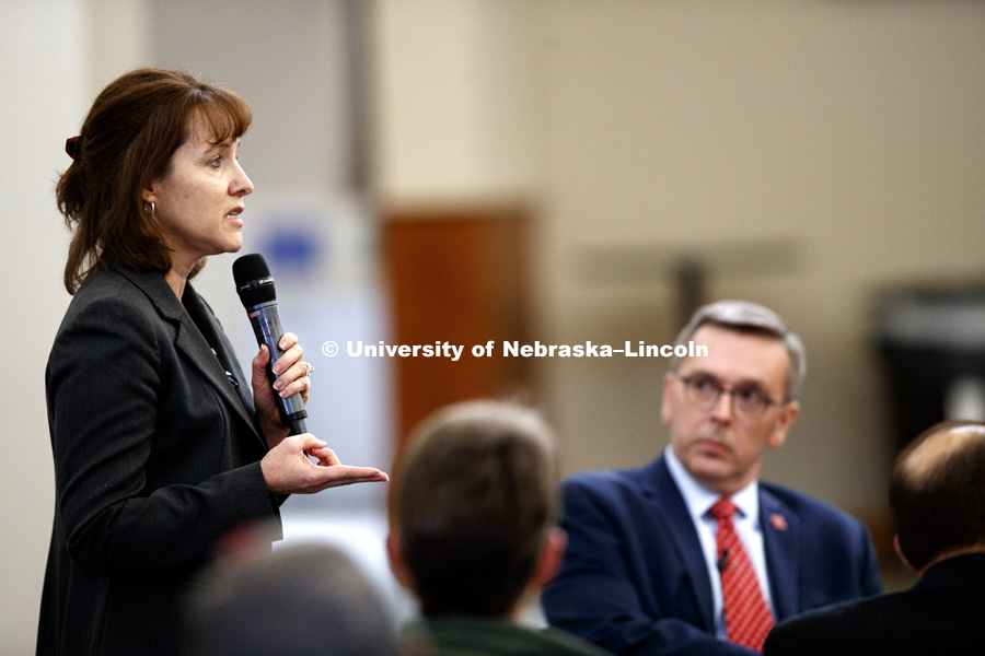 Amy Goodburn, Associate Vice Chancellor, Office of the Executive Vice Chancellor and Chief Academic Officer gives a presentation from a Strategic Goals group at Chancellor Ronnie Green's Town Hall meeting at Nebraska Innovation Campus. January 26, 2017.