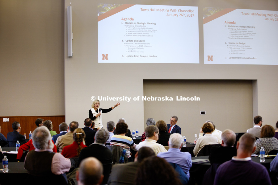 Executive Vice Chancellor Donde Plowman gives a presentation from a Strategic Goals group at Chancellor Ronnie Green's Town Hall meeting at Nebraska Innovation Campus. January 26, 2017. Photo by Craig Chandler/University Communication.