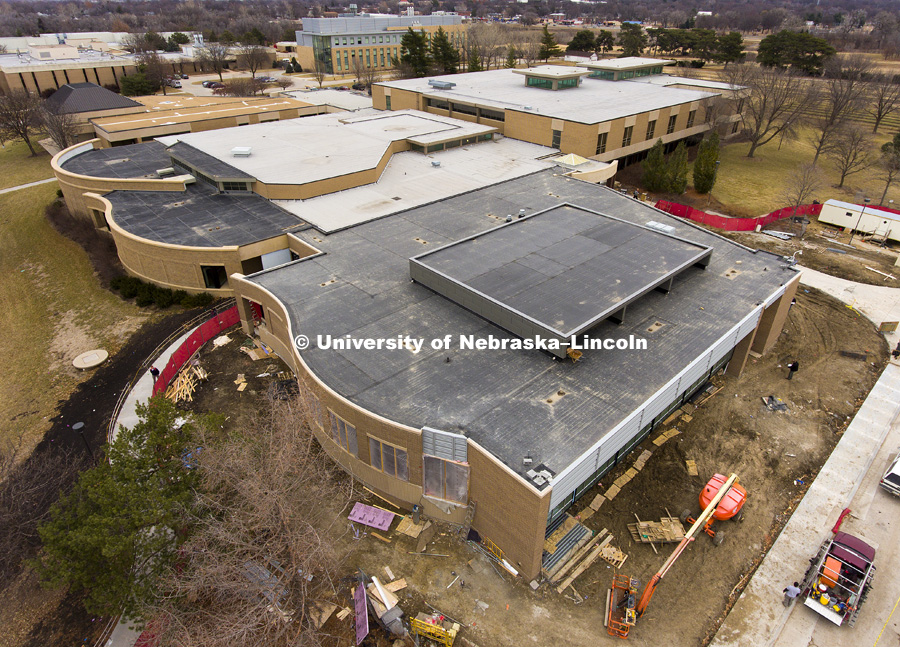 Aerial photo of Law College new addition on east campus. Panorama of three images. January 31, 2017. Photo by Craig Chandler / University Communication.