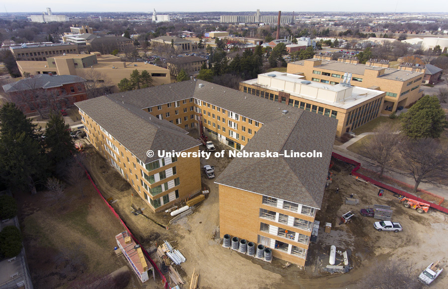 Construction work on new residence hall on East Campus. February 10, 2017.  Photo by Craig Chandler / University Communication