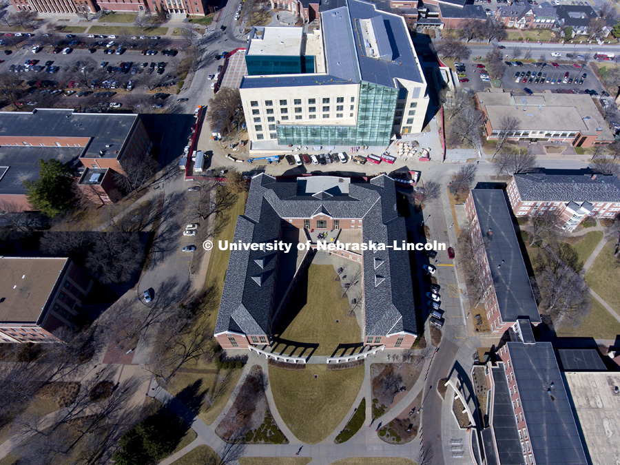 Aerial of Kauffman Residence Hall home of the Raikes School. The new College of Business building is seen in the background. February 22, 2017. Photo by Craig Chandler / University Communication.
