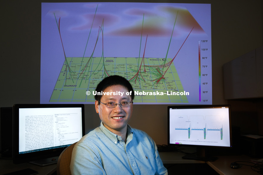 Hongfeng Yu, assistant professor in computer science and engineering, is working with scalable visualization solutions that are efficient and practical for very large graph datasets. March 8, 2017. Photo by Craig Chandler / University Communication.