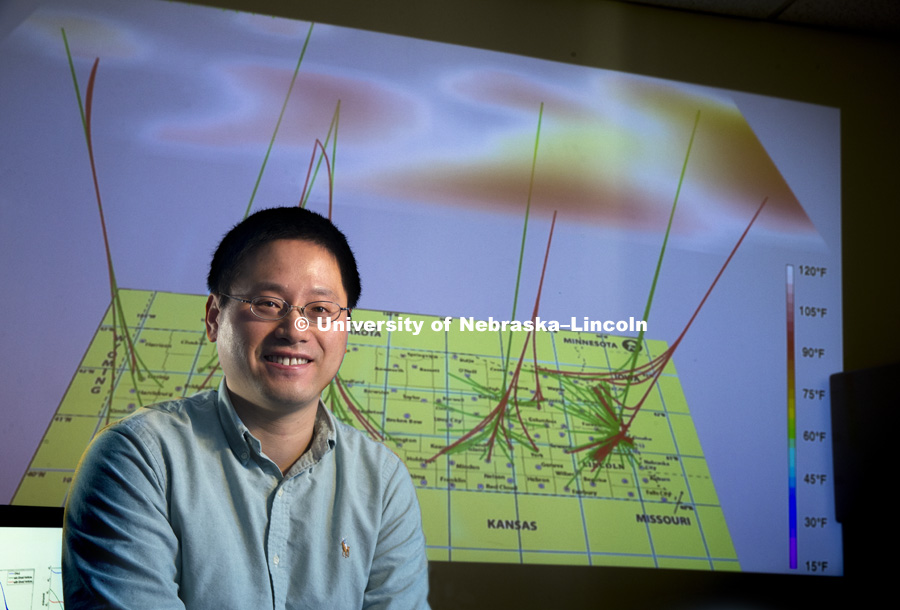 Hongfeng Yu, assistant professor in computer science and engineering, is working with scalable visualization solutions that are efficient and practical for very large graph datasets. March 8, 2017. Photo by Craig Chandler / University Communication.