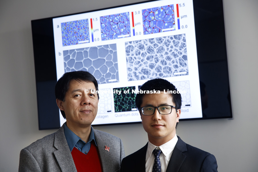 Xiao Zeng, Chancellor's University Professorship in Chemistry, and Chongqin Zhu. March 10, 2017. Photo by Craig Chandler / University Communication.