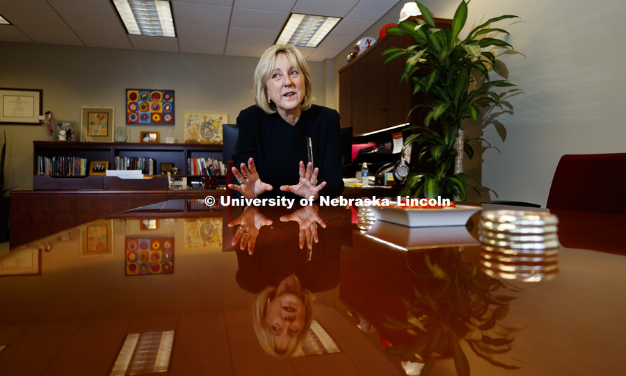 Donde Plowman, Executive Vice Chancellor & Chief Academic Officer, Office of the Executive Vice Chancellor and Chief Academic Officer and professor of Management, talks in her office. March 15, 2017. Photo by Craig Chandler / University Communication.