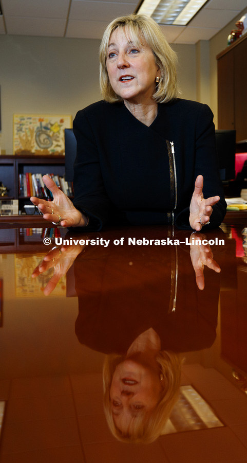 Donde Plowman, Executive Vice Chancellor & Chief Academic Officer, Office of the Executive Vice Chancellor and Chief Academic Officer and professor of Management, talks in her office. March 15, 2017. Photo by Craig Chandler / University Communication.