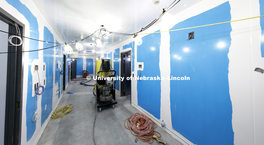 BL-3 laboratory under construction in new Veterinary Diagnostic Center under construction on east campus. Blue on walls is protective film over smooth plastic walls. March 16, 2017. Photo by Craig Chandler / University Communication.