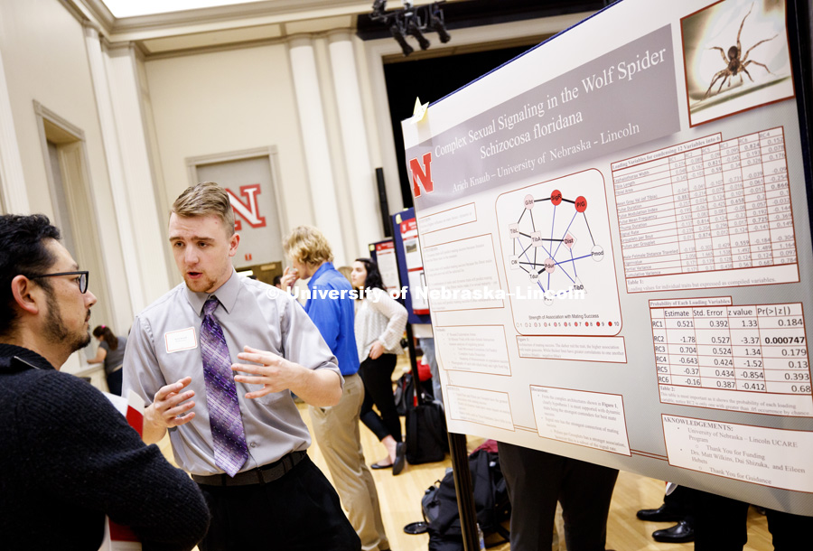Arich Knaub talks about his mathematical research into the wolf spider. The first day of the Spring Research Fair features undergraduate student research. April 4, 2017. Photo by Craig Chandler / University Communication.