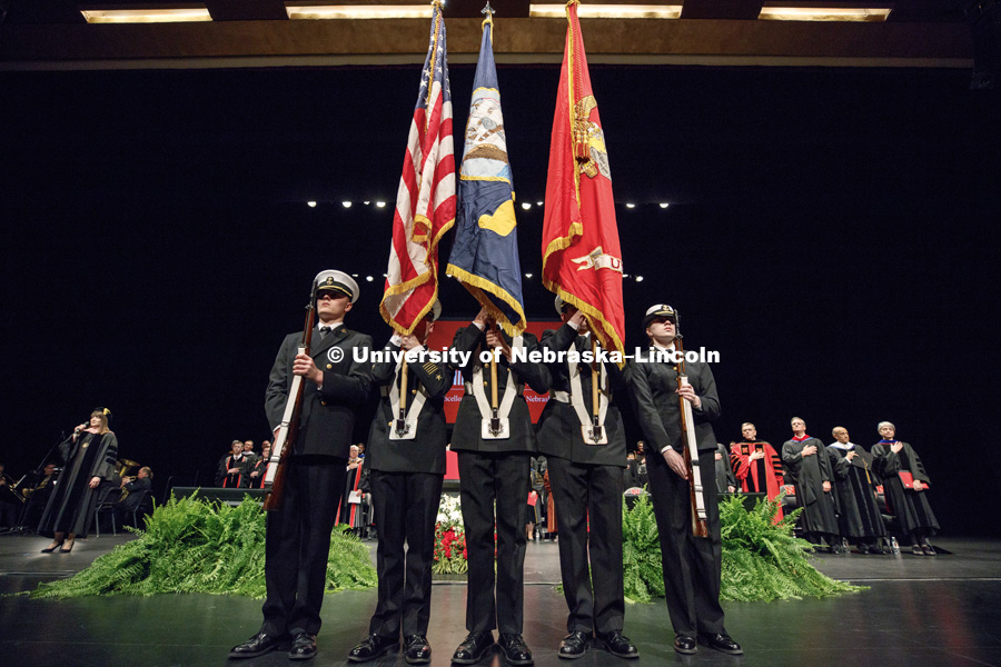 The Naval ROTC Color Guard presented the colors. Installation Ceremony for Chancellor Ronnie Green. April 6, 2017. Photo by Craig Chandler / University Communication.