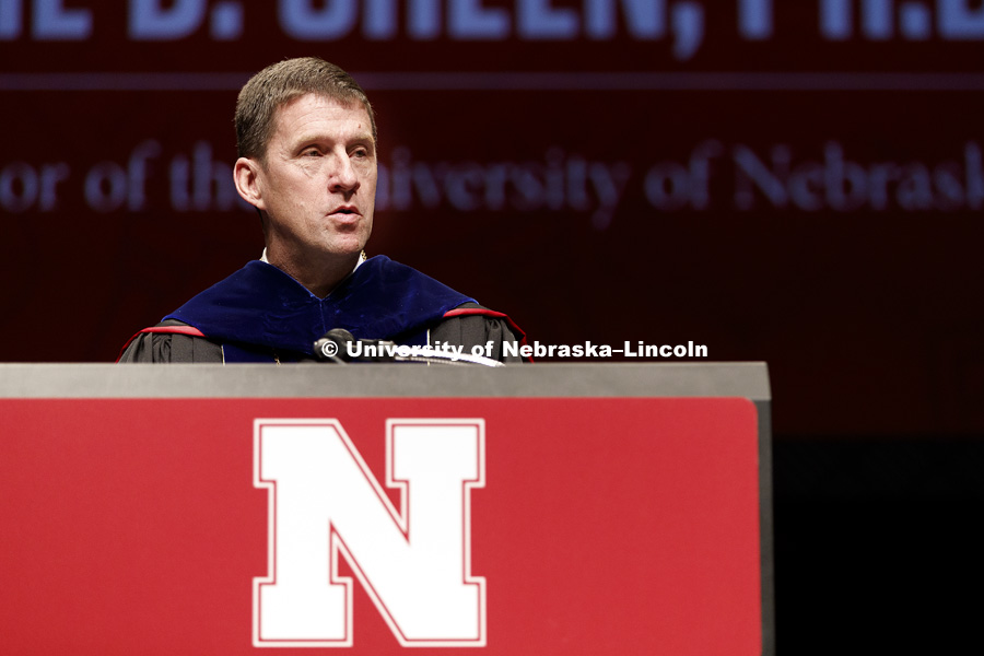 Hank Bounds, University of Nebraska President, welcomes all to the ceremony. Installation Ceremony for Chancellor Ronnie Green. April 6, 2017. Photo by Craig Chandler / University Communication.