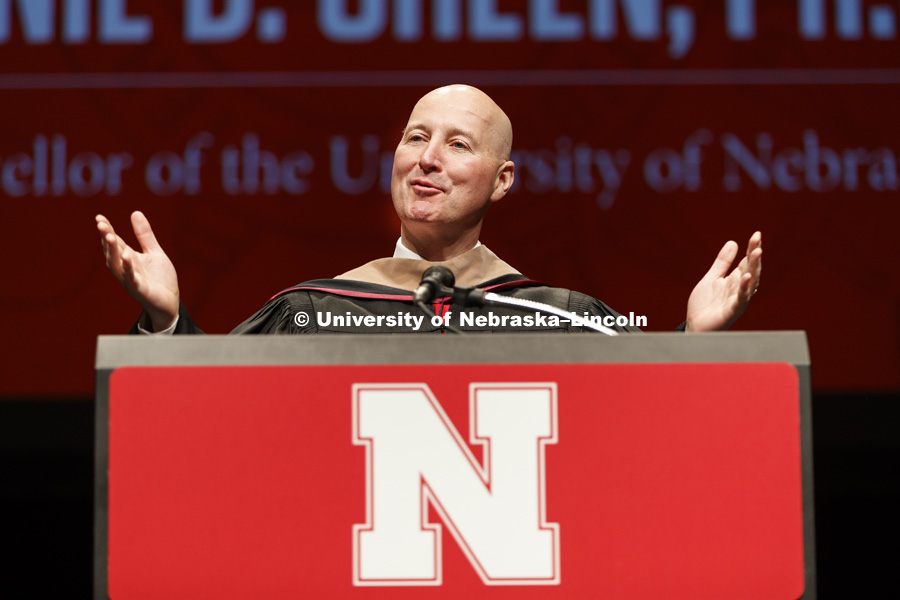 Nebraska Governor Pete Ricketts address the installation audience. Installation Ceremony for Chancellor Ronnie Green. April 6, 2017. Photo by Craig Chandler / University Communication.