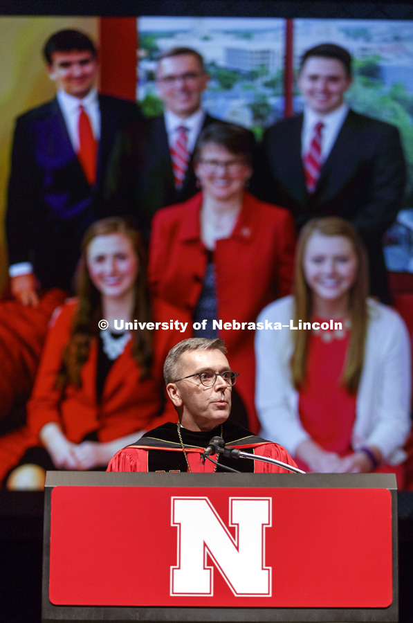 Chancellor Ronnie Green tells of his Husker family. Installation Ceremony for Chancellor Ronnie Green. April 6, 2017. Photo by Craig Chandler / University Communication.