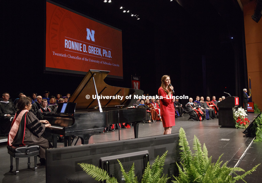 Kelli Green, Chancellor Ronnie Green's older daughter, sings "May I Suggest" during the ceremony. Installation Ceremony for Chancellor Ronnie Green. April 6, 2017. Photo by Craig Chandler / University Communication.