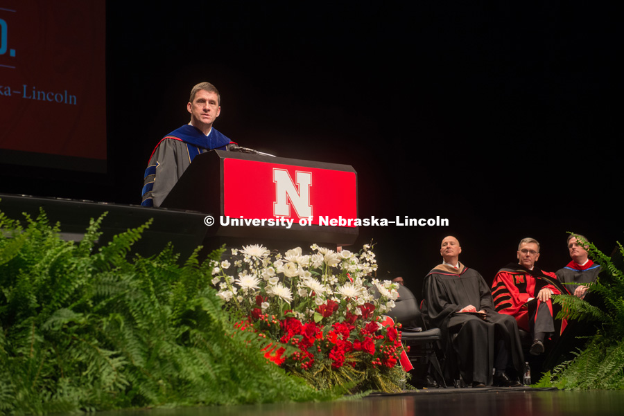 Hank Bounds, University of Nebraska President, makes introductions as the ceremony begins. Installation Ceremony for Chancellor Ronnie Green. April 6, 2017. Photo by Greg Nathan, University Communication Photography.