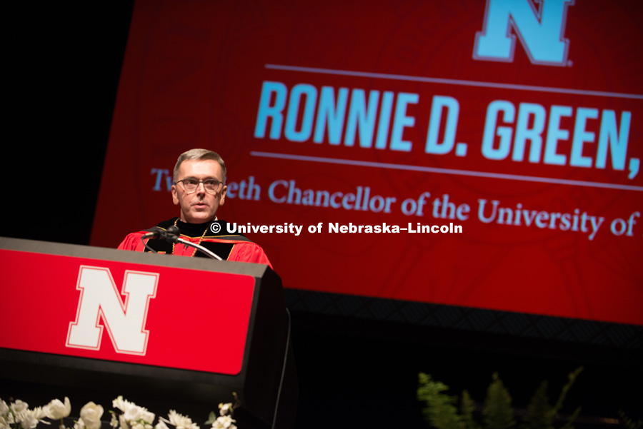 Chancellor Ronnie Green delivers his installation response. Installation Ceremony for Chancellor Ronnie Green. April 6, 2017. Photo by Greg Nathan, University Communication, Photography.
