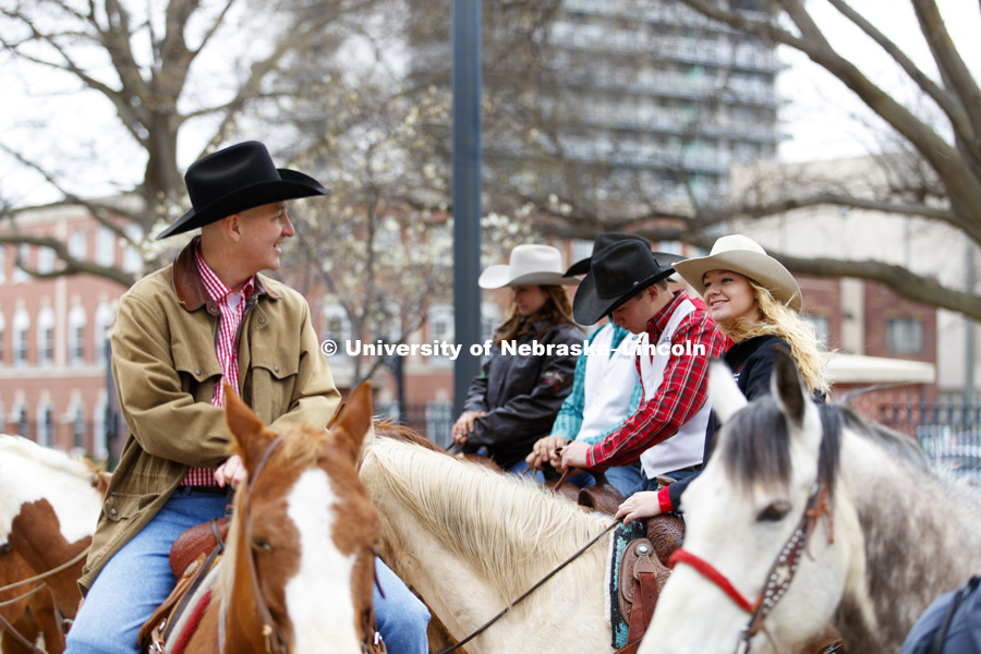 Governor Pete Ricketts rides with the University of Nebraska-Lincoln rodeo team on the streets around the Governor's Mansion. He rode with the team to proclaim this week "rodeo Week" in honor of the UNL Rodeo this weekend. April 10, 2017. Photo by Craig