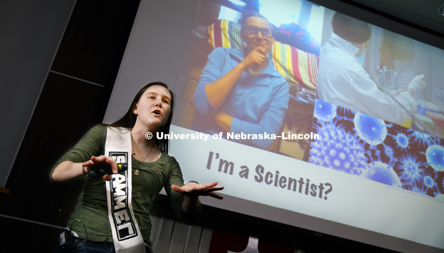 Lisa Poppe, a graduate student in Biological Sciences, tells of her troubles learning to explain her passion for virology to the general public. Science Slam. April 10, 2017. Photo by Craig Chandler / University Communication.