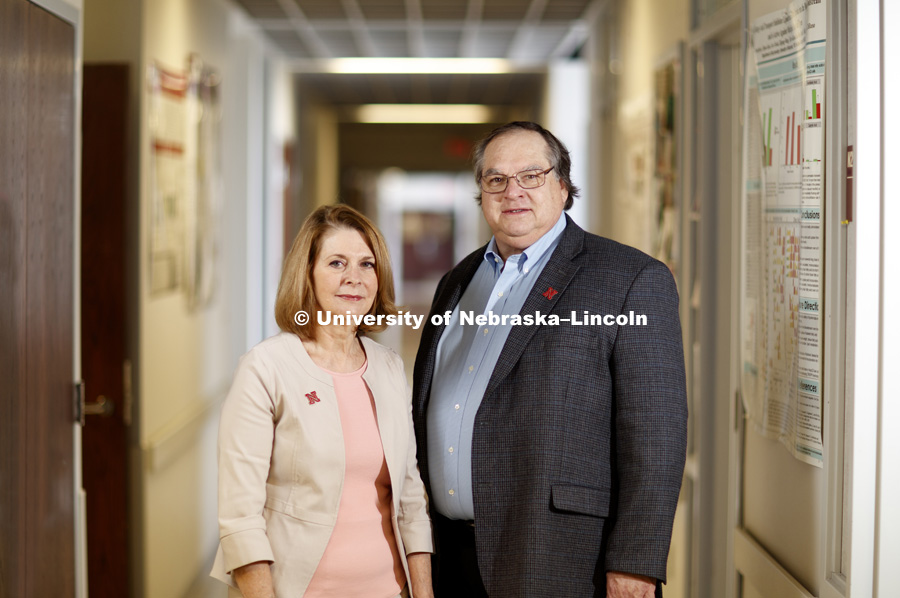 Concetta DiRusso and James Takacs photographed in Beadle Hall outside DiRusso's lab. June 21, 2017. Photo by Craig Chandler / University Communication.