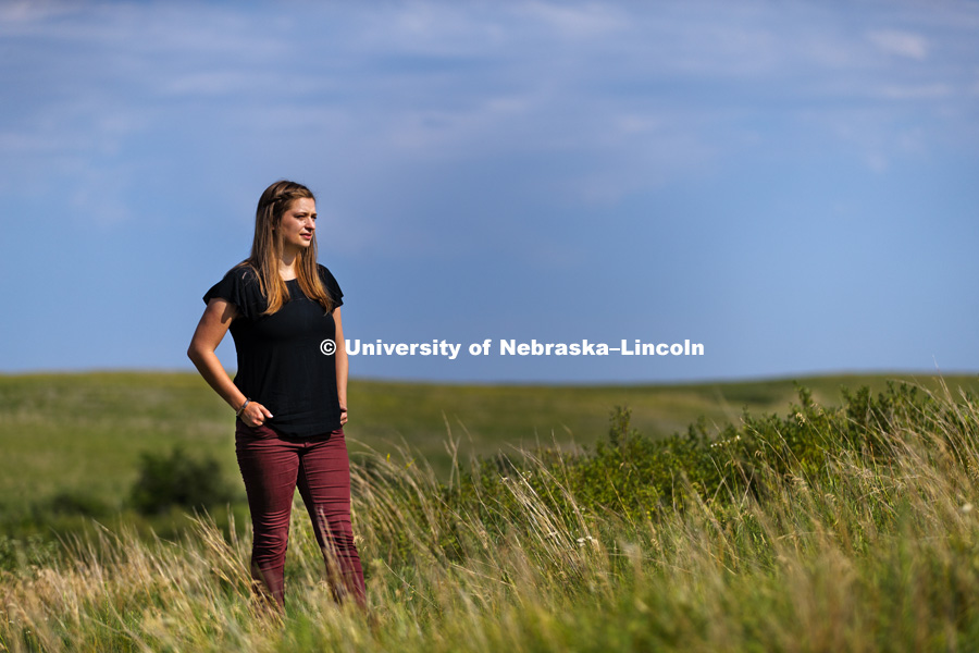 Tori Donovan, graduate student in agronomy, is the lead author of a study of prairie wildfires. She is photographed at the Spring Creek Audubon Center southwest of Lincoln, Nebraska. June 22, 2017. Photo by Craig Chandler / University Communication.
