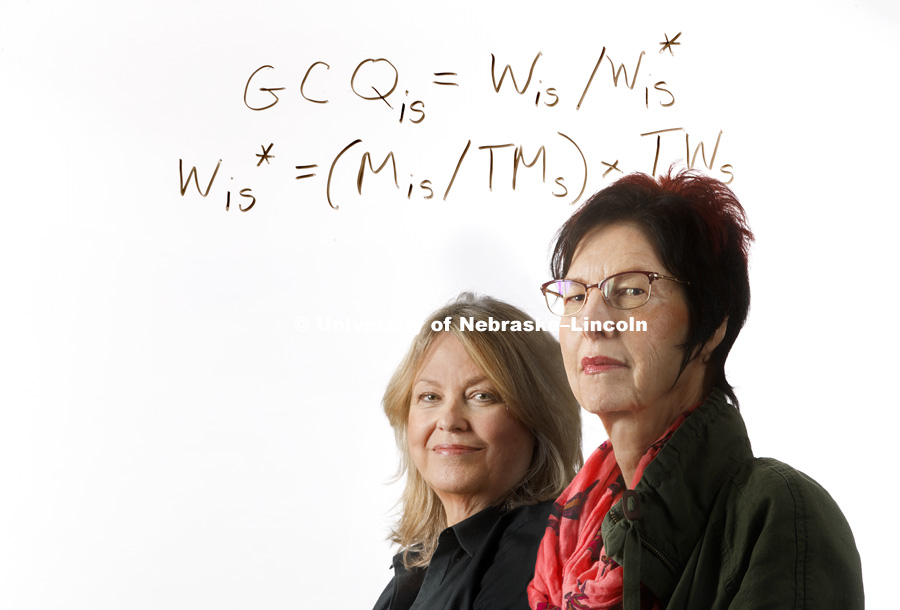 NOTE: PHOTO WAS SHOT THROUGH GLASS WITH THE TEXT WRITTEN SO IT WOULD BE READABLE TO THE VIEWER. University of Nebraska-Lincoln Economic Professors Ann Mari May, left, and Mary G. McGarvey have published a paper looking at labor market conditions for women