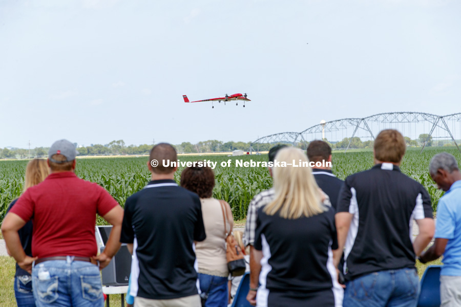 Drone demonstration for a UAV used to photograph crops using various wavelengths of light. Eastern Nebraska Research and Extension Center open house near Mead, Nebraska. June 29, 2017. Photo by Craig Chandler / University Communication.