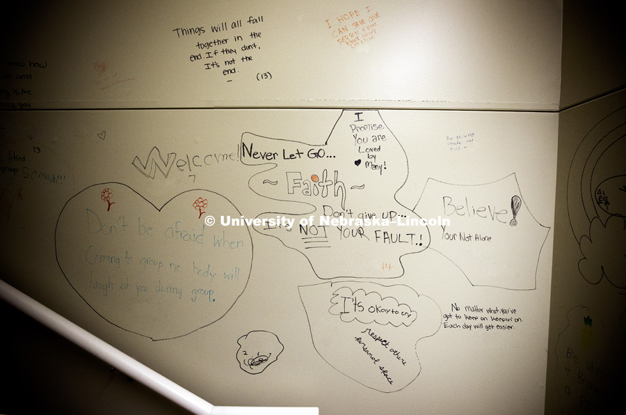 Inspirational writing from young abuse victims line the stairwell of the Child Advocacy Center in Lincoln, NE. University of Nebraska-Lincoln graduate student Kate Theimer is the lead author of a study examining victim blaming and children. The names-but
