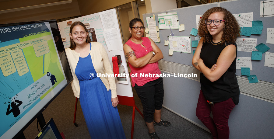 Alexis Swendener, Linda Garcia Merchant, and Grace Brown display the variety of projects they have been able to bring to fruition working in the Digital Scholarship Incubator. August 1, 2017. Photo by Craig Chandler / University Communication.